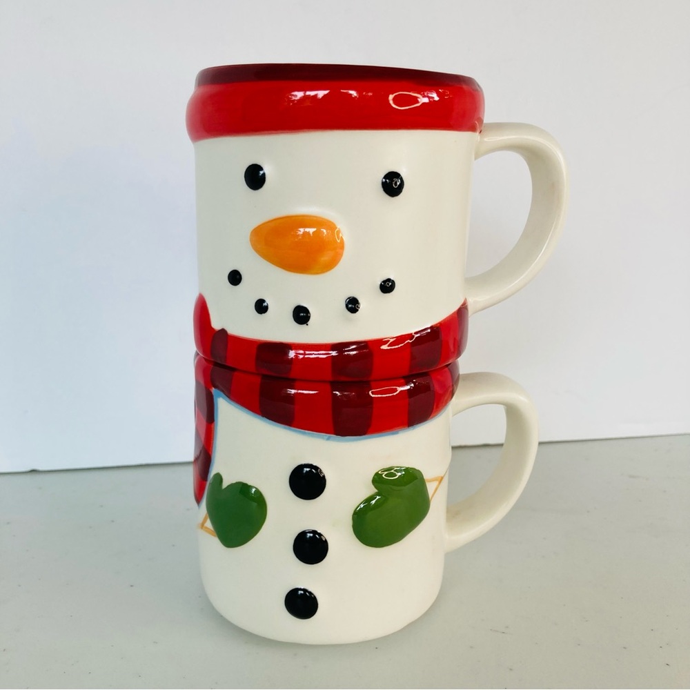 Stackable Mugs Cups Ceramic Hallmark Snowman Gift Fill-Candy Hot Cocoa Mittens